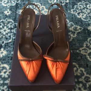 Satin Prada Pumpkin and Chocolate Sling Back Pumps